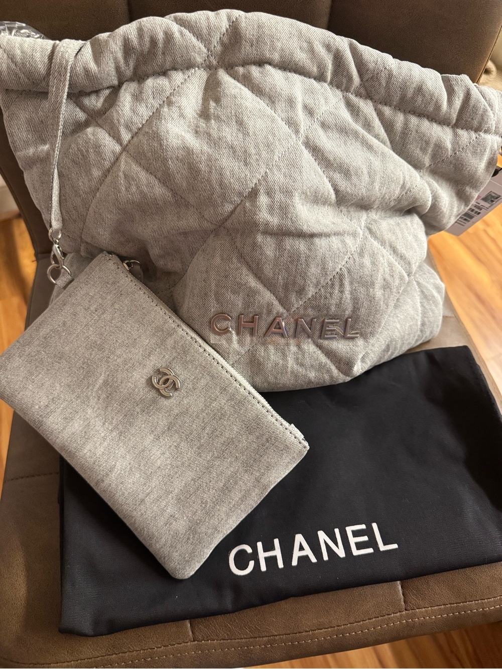 Light Gray Quilted DENIM Drawstring Tote with Matching Pouch